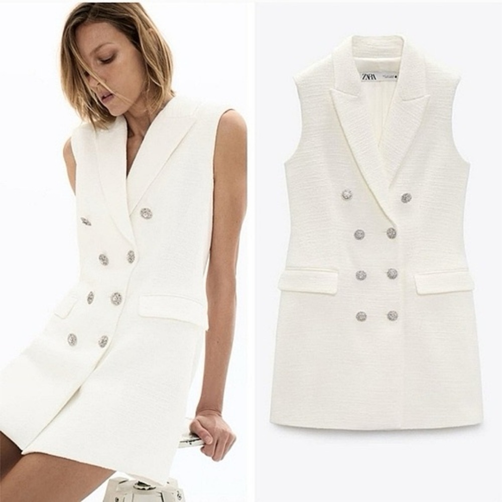Zara White Textured Blazer Vest Dress with Rhinestone Button XS NWOT